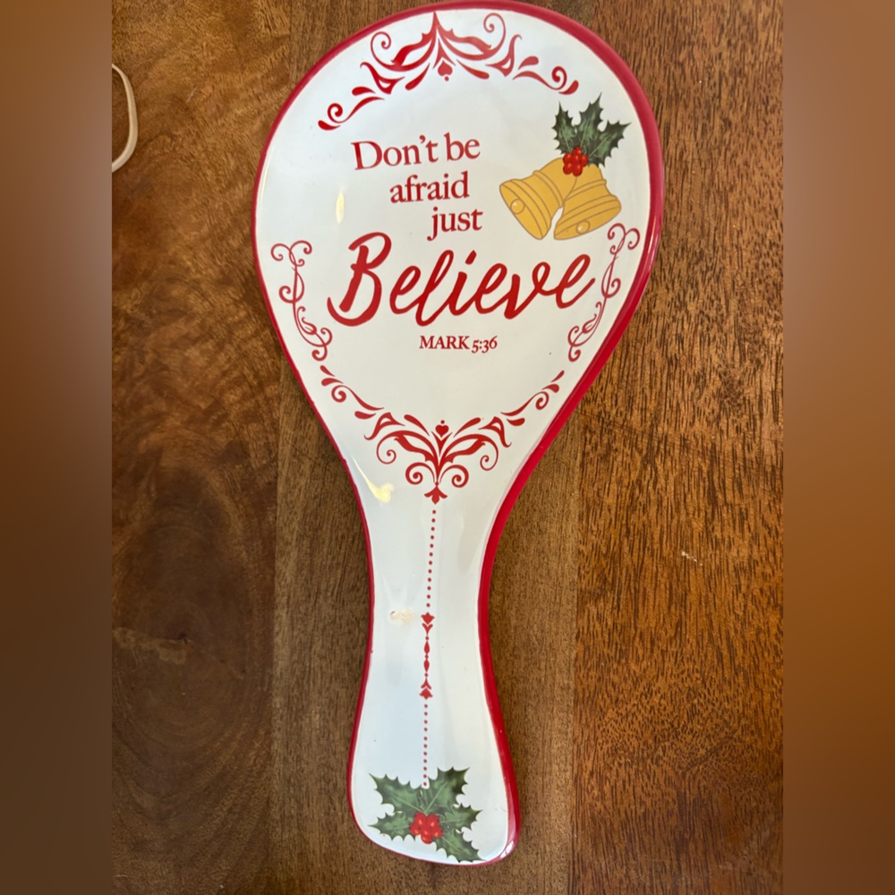Festive Ceramic Spoon Rest with Red Trim